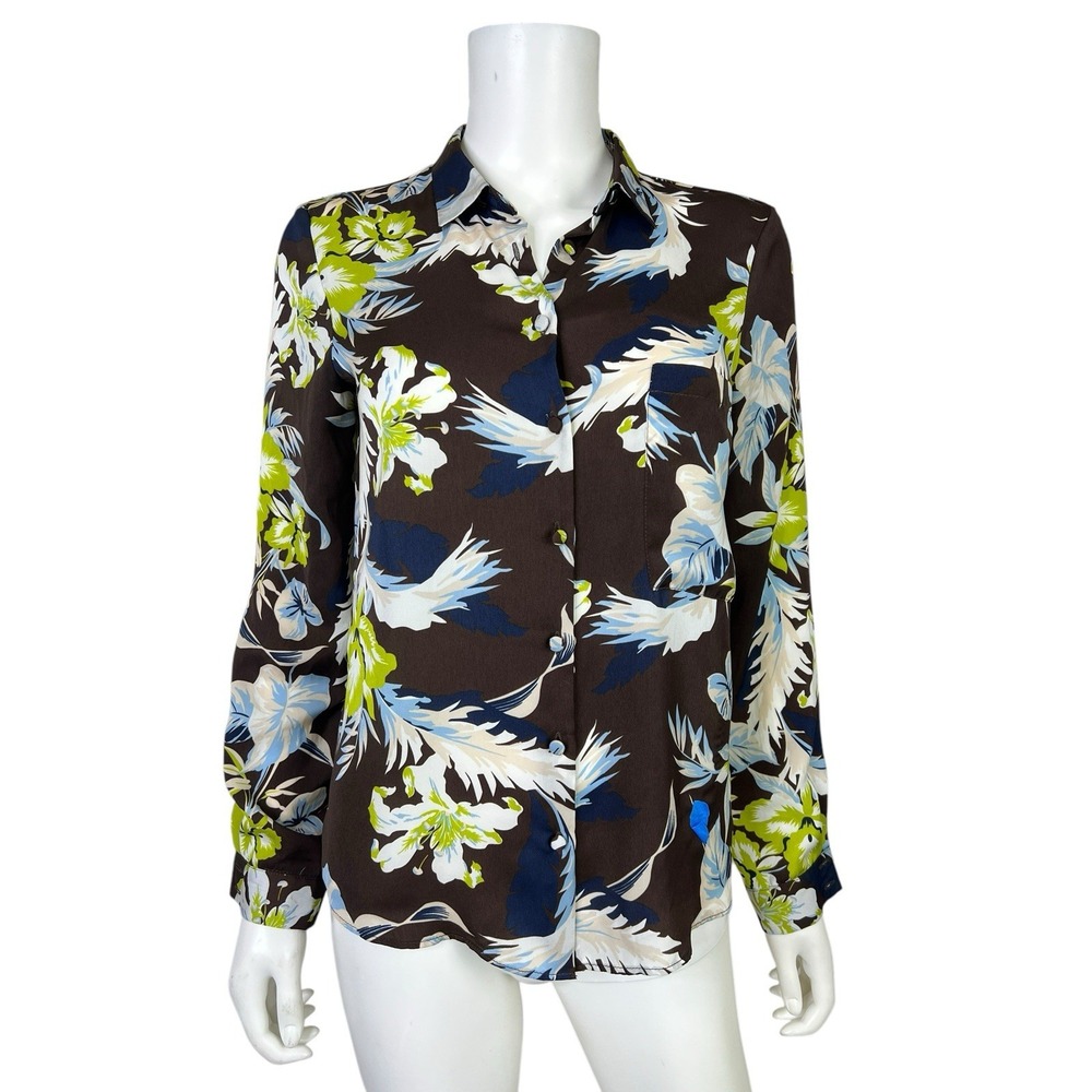Zara Women's Blouse Top Button Up Shirt Collar Brown Tropical Long Sleeve Size S